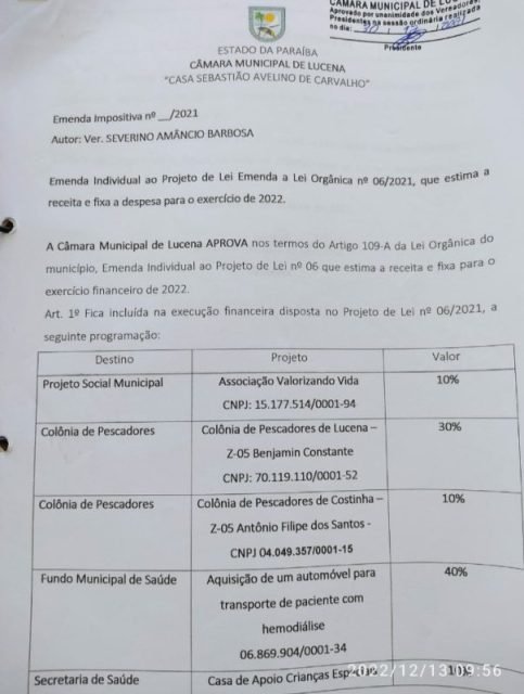 ESCÂNDALO  – Vereador de Lucena destina emenda impositiva para entidade onde o próprio é presidente