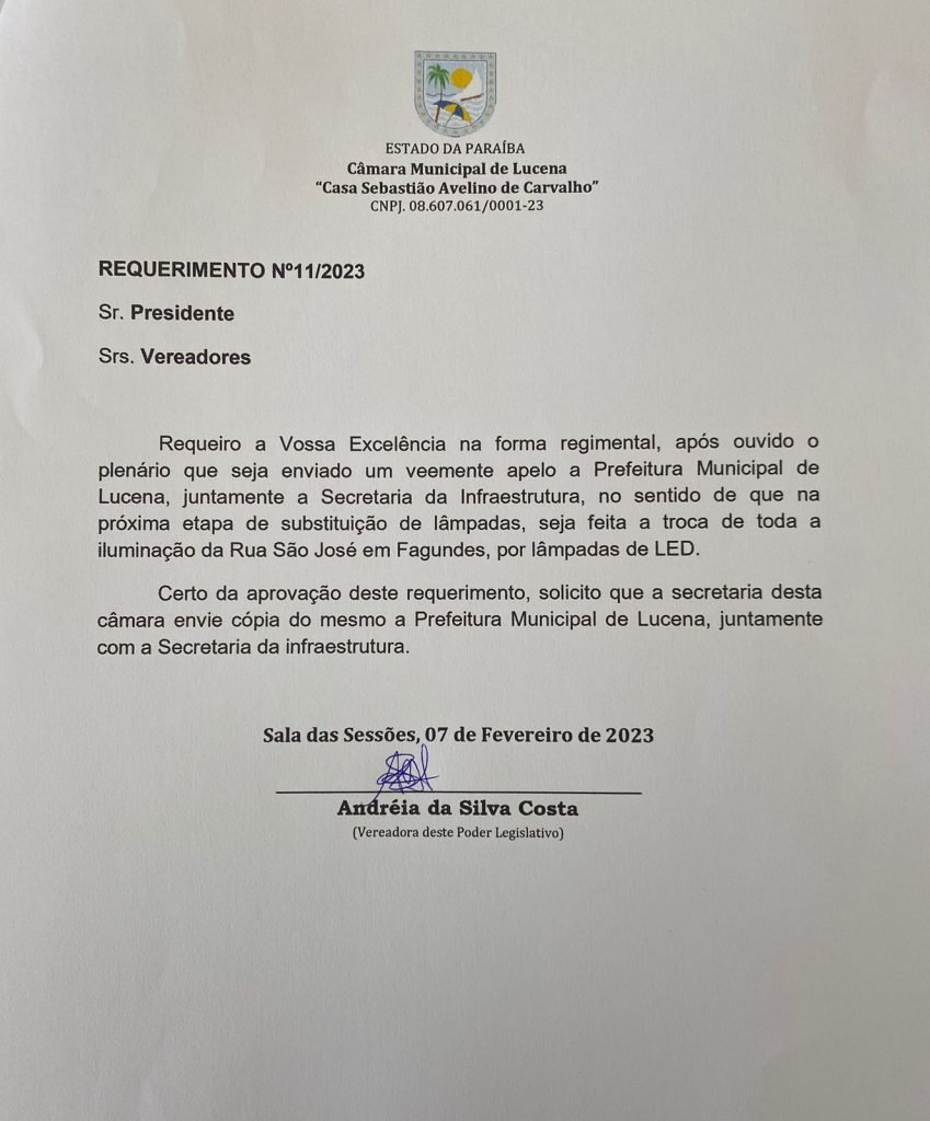 Andréia de Zé de Basto pede que prefeitura troque por lâmpadas LED toda a iluminação pública da Rua São José, em Fagundes
