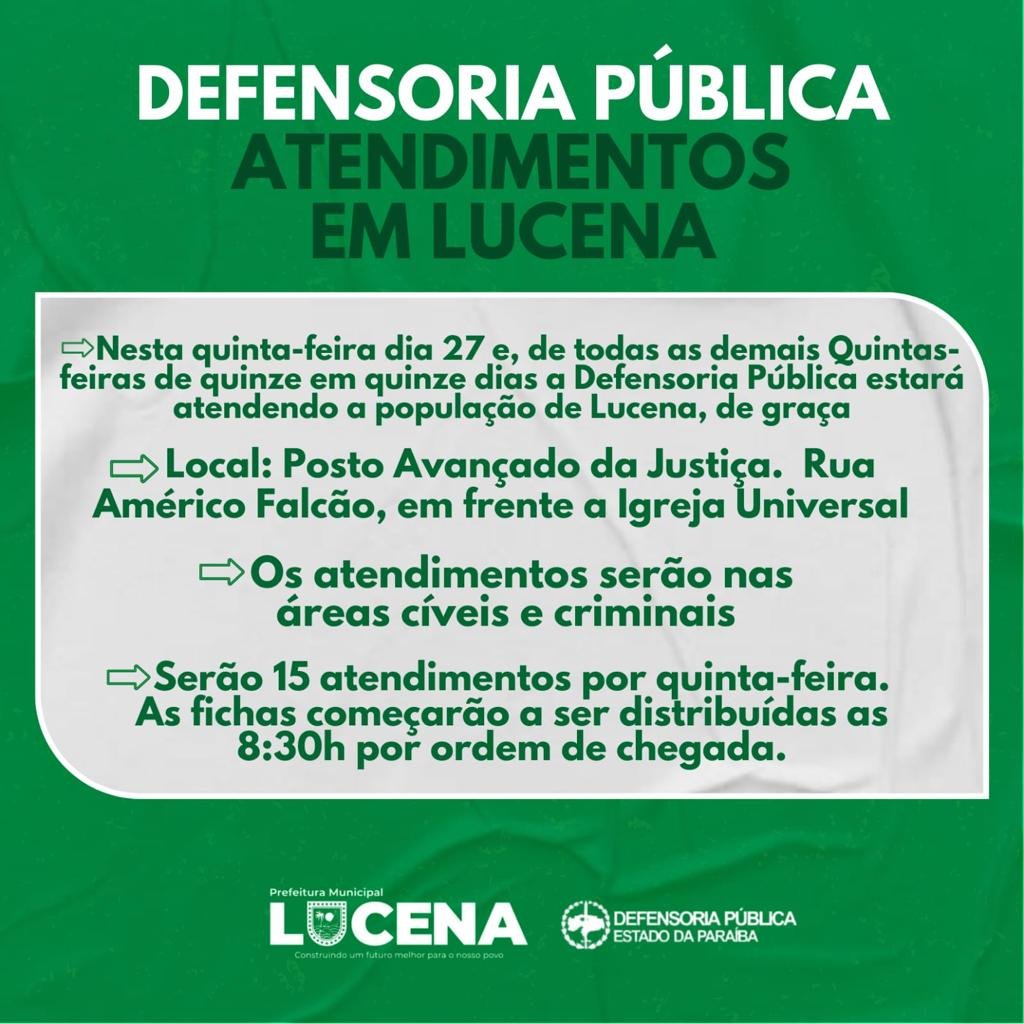 NESTA 5ª FEIRA – Defensores Públicos atendem gratuitamente população de Lucena no Posto Avançado da Justiça
