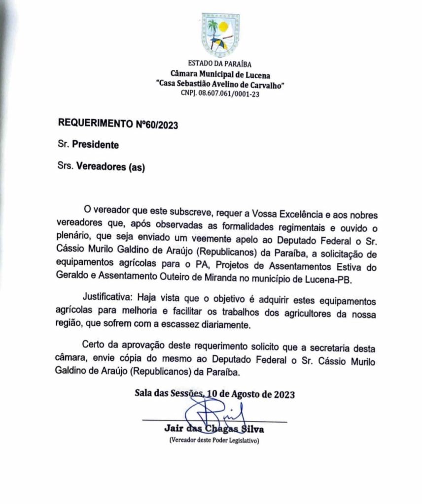 Vereador de Lucena pede a deputado federal equipamentos agrícolas para os assentamentos Estiva do Geraldo e Outeiro de Miranda