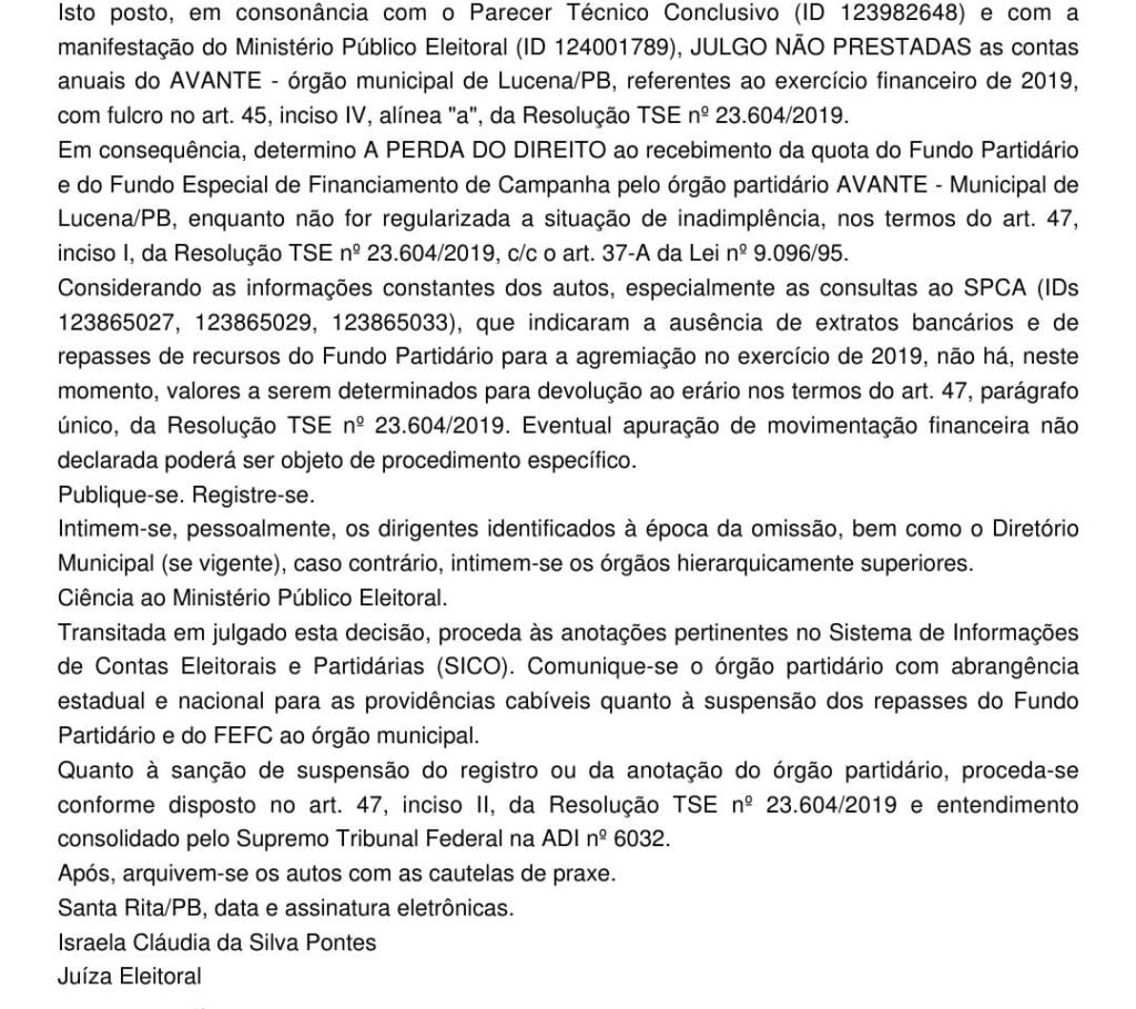 Partido Político presidido por Bolão, não presta contas ao TRE e juíza determina a perda de quota do Fundo Partidário e do Fundo Especial de Financiamento de Campanha